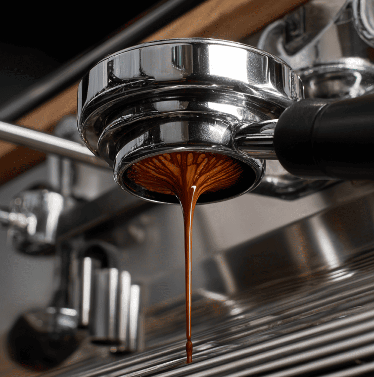 Espresso channeling visible in a bottomless portafilter as uneven jets during extraction