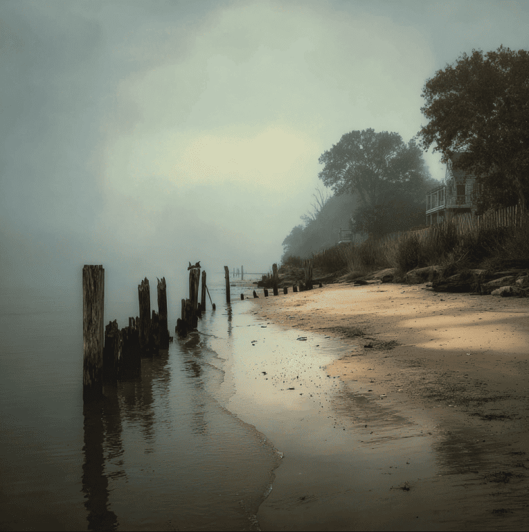 Mysterious fog-covered shoreline of Roanoke Island representing the disappearance of the Lost Colony