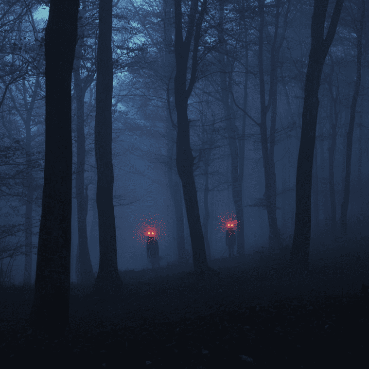 Pale childlike figure with glowing red eyes standing in the forest at Cannock Chase.