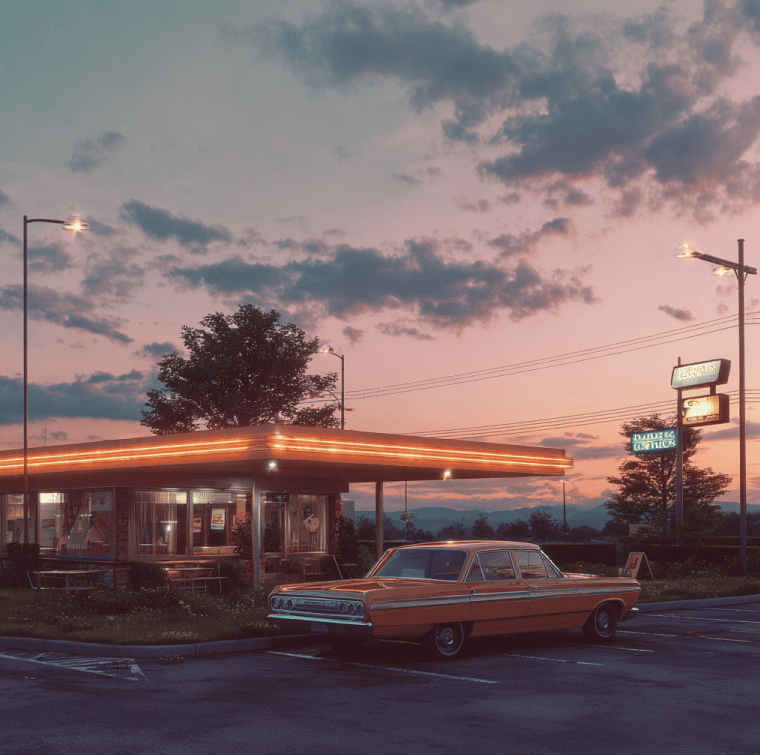 Abandoned Howard Johnson’s restaurant with signature orange roof and empty parking lot in a nostalgic roadside setting.