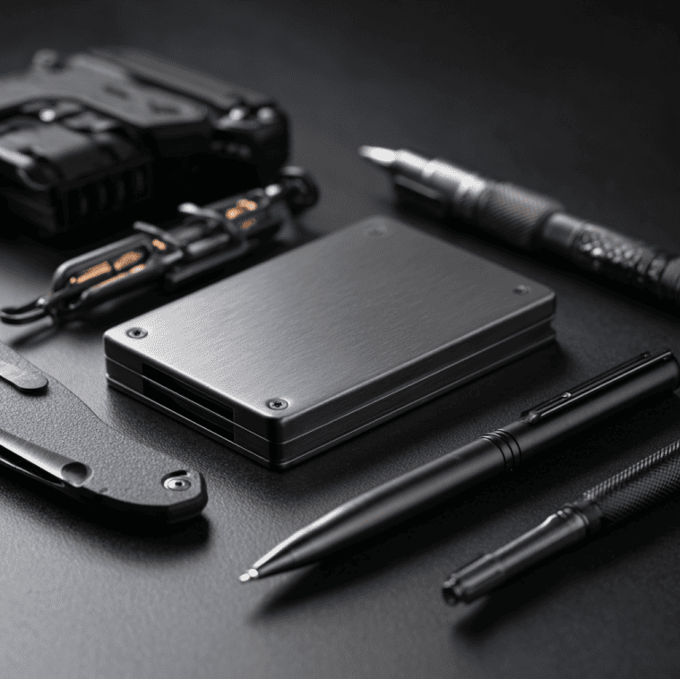 A minimalist metal Ridge style wallet photographed with EDC tools, symbolizing the rise of the modern minimalist carry movement