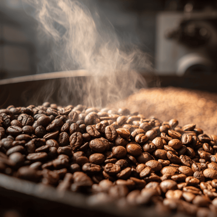 Freshly roasted coffee beans on a cooling tray releasing CO₂ to illustrate degassing after roasting.