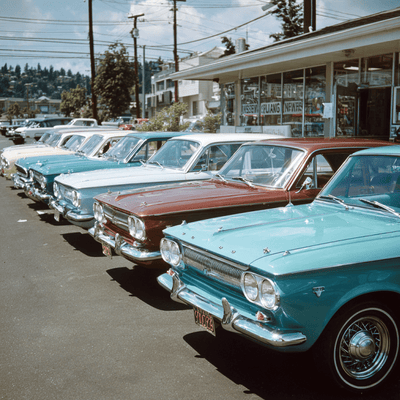 1960s American compact cars like the Corvair, Falcon, and Valiant lined up outside a dealership, representing Detroit’s early compact car experiments.