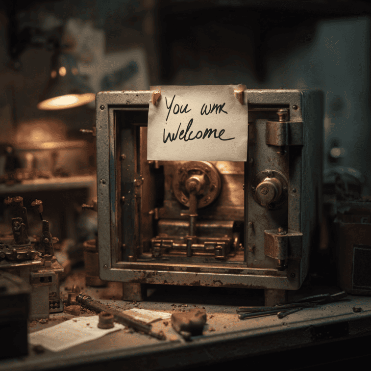 Restored vintage safe mechanism left untouched except for precise repairs, representing the Locksmith Bandit’s mysterious break-ins.