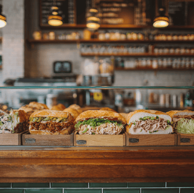 A display of a po’boy, hoagie, and muffuletta on a deli counter, symbolizing the immigrant roots of American sandwich culture.