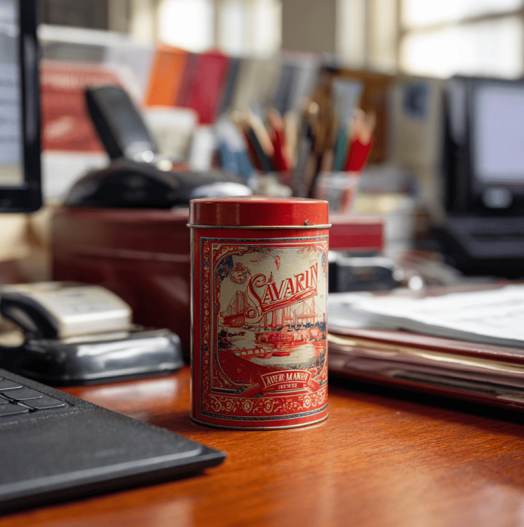 Vintage Savarin Coffee tin on a desk in mid-century Manhattan, representing the brand’s lost prominence.