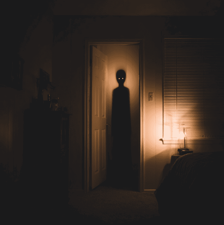 Shadowy humanoid silhouette standing in a dark doorway, representing the Shadow People phenomenon.