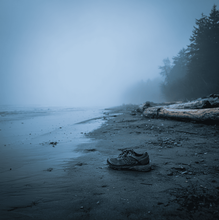 Running shoe washed ashore on a foggy British Columbia beach, symbolizing the severed feet mystery.
