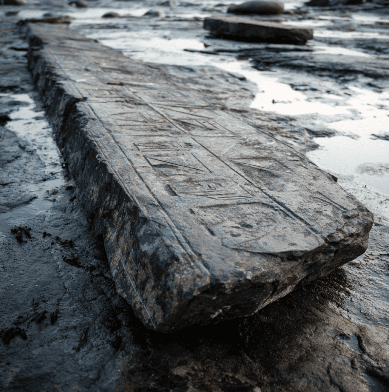 Weathered stone with ambiguous runic-like markings associated with the Yarmouth Runic Stone mystery.