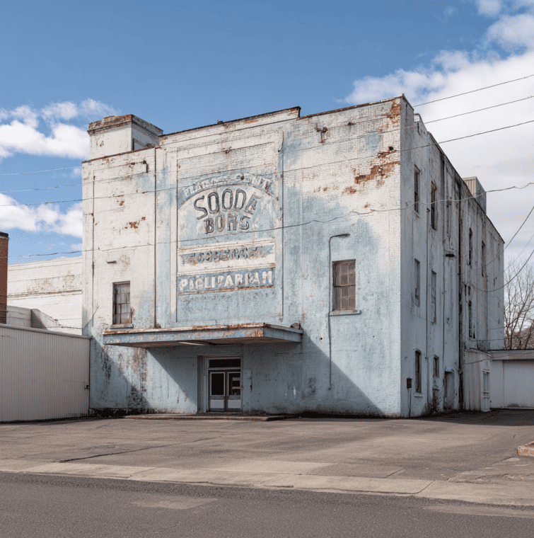 Closed local soda bottling plant illustrating the decline of regional production after national beverage consolidation.