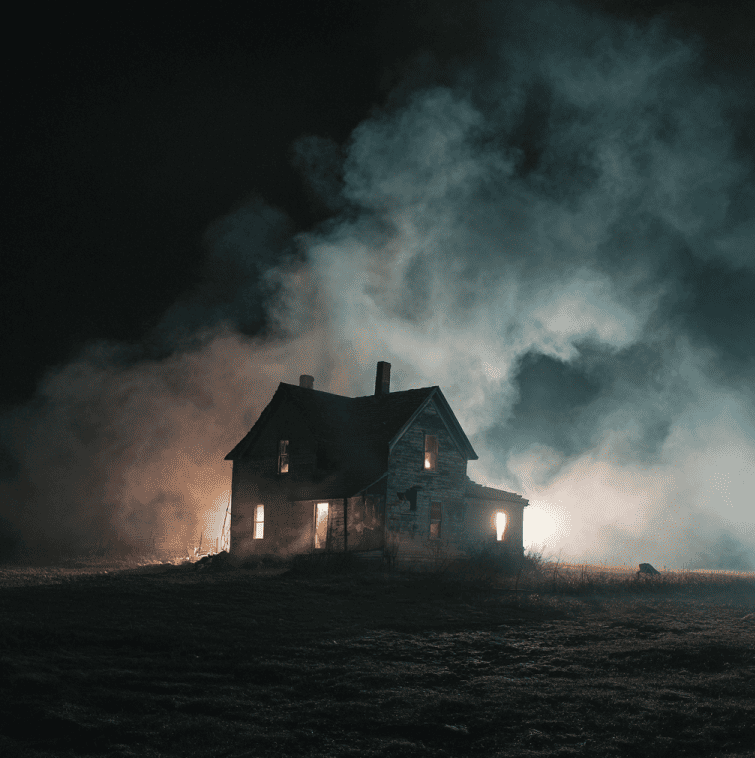 Ruins of the Sodder family home after the 1945 fire, symbolizing the mystery of the missing children.