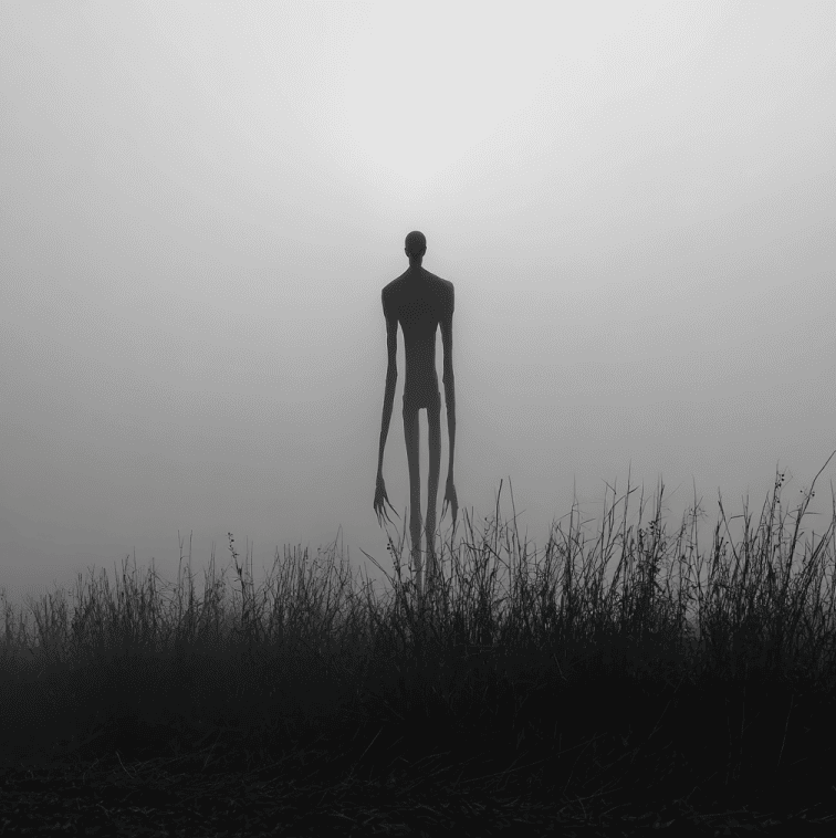 Elongated shadow-like humanoid figure in a dim field, representing the Black Stick Men phenomenon