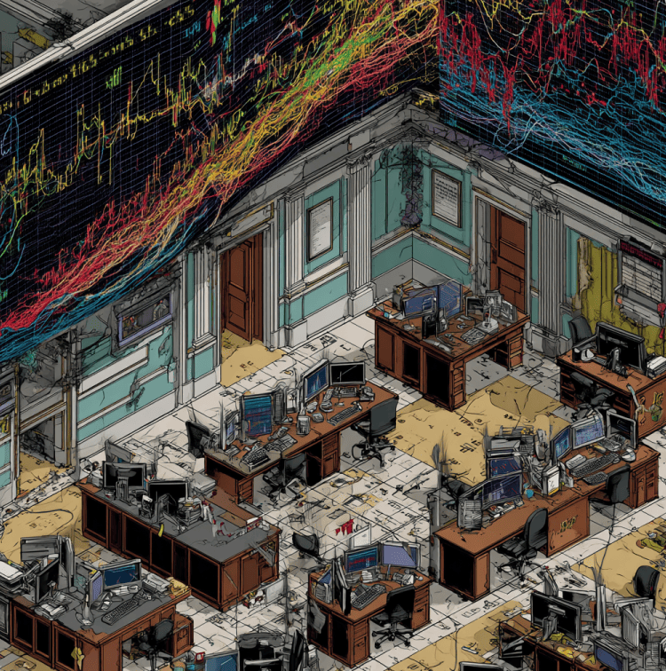 Financial traders watching crashing markets, representing the collapse of Long-Term Capital Management