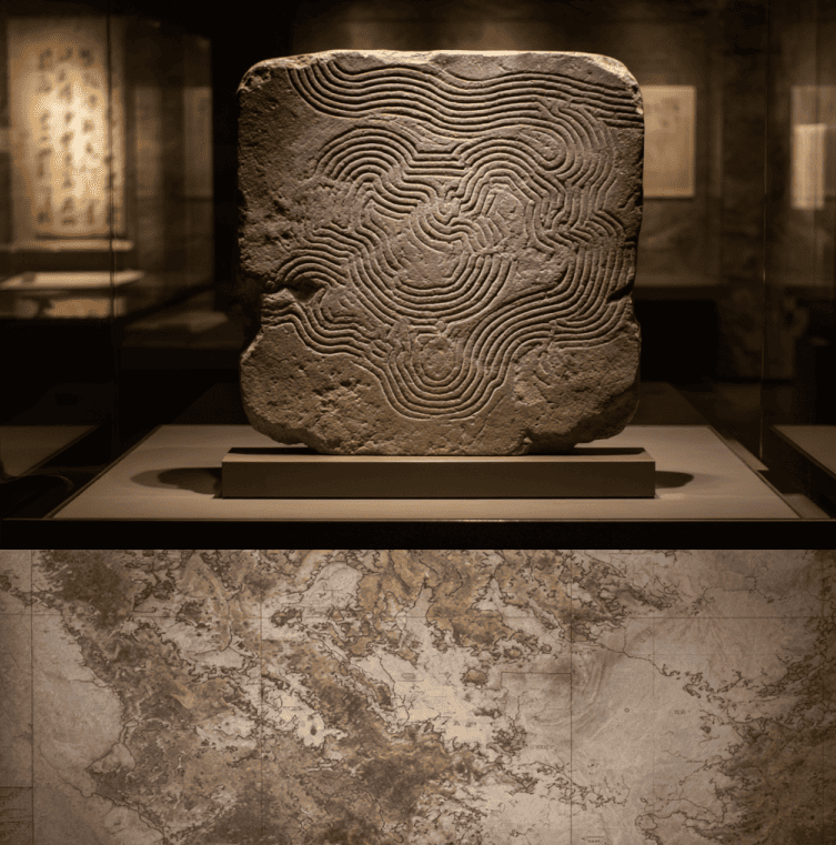Stone tablet engraved with coastline-like patterns, matching a shoreline that formed centuries later.