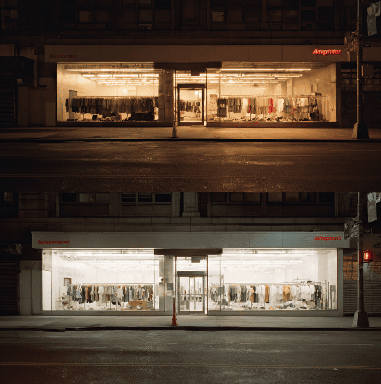 Closed American Apparel store with empty interior, symbolizing the company’s retail collapse.