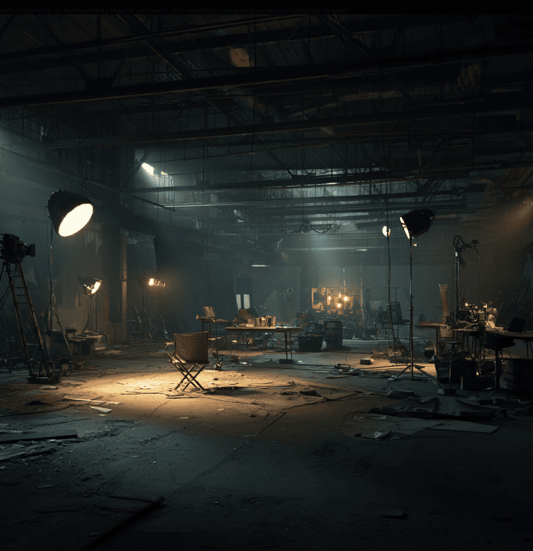 Empty soundstage with abandoned film equipment, representing the downfall of Vice Studios International’s global expansion efforts.