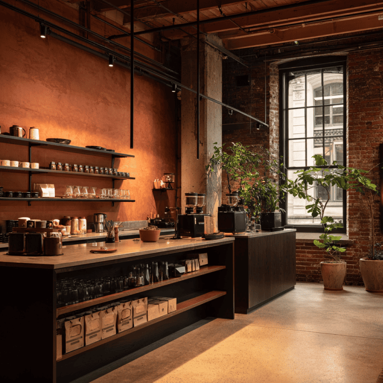 A Stumptown café with artisanal brewing equipment and modern branded displays, representing the roaster’s evolution after its sale to Peet’s.