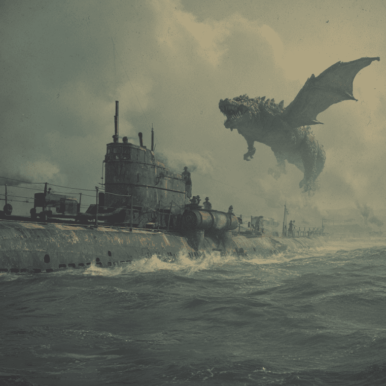 German U-28 submarine at sea with a reptile-like creature thrown upward by an underwater explosion, based on the 1915 account.