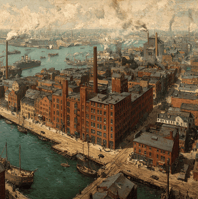 A large brick sugar refinery on a waterfront with nearby row houses and ships, representing how Domino’s industrial empire shaped American cities.