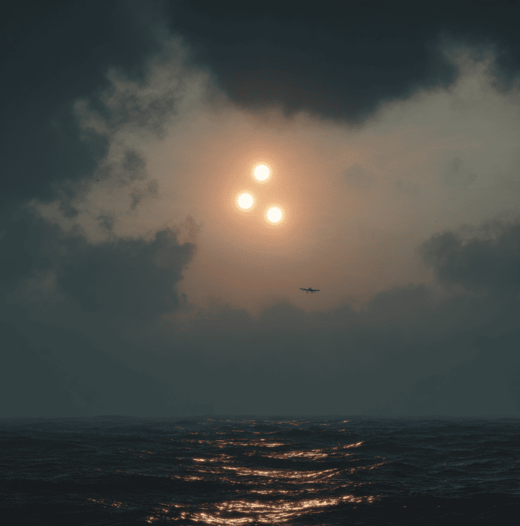 Aircraft flying over ocean beneath three unexplained sun-like lights, reflecting the final transmission of Flight 702.