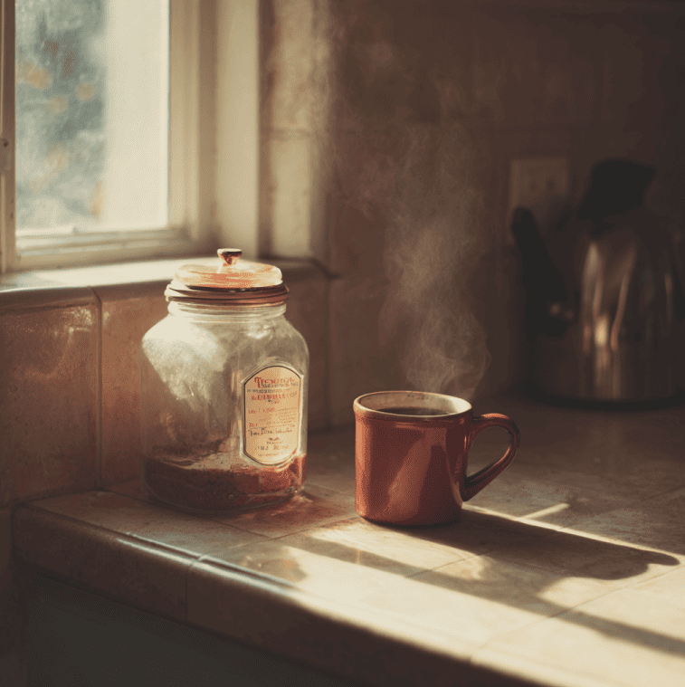 Vintage Taster’s Choice glass jar on a retro kitchen counter, referencing the brand’s gradual disappearance.