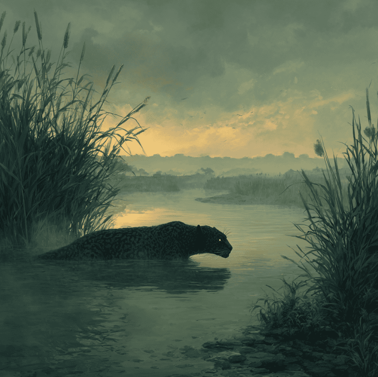 Shadowy aquatic creature with feline and scaled features in a Kenyan river, inspired by early Dingonek reports.