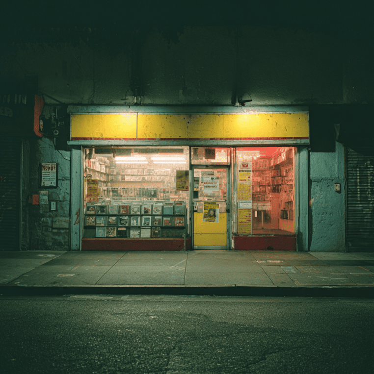 Closed Tower Records store with iconic yellow-and-red signage, symbolizing the company’s collapse.
