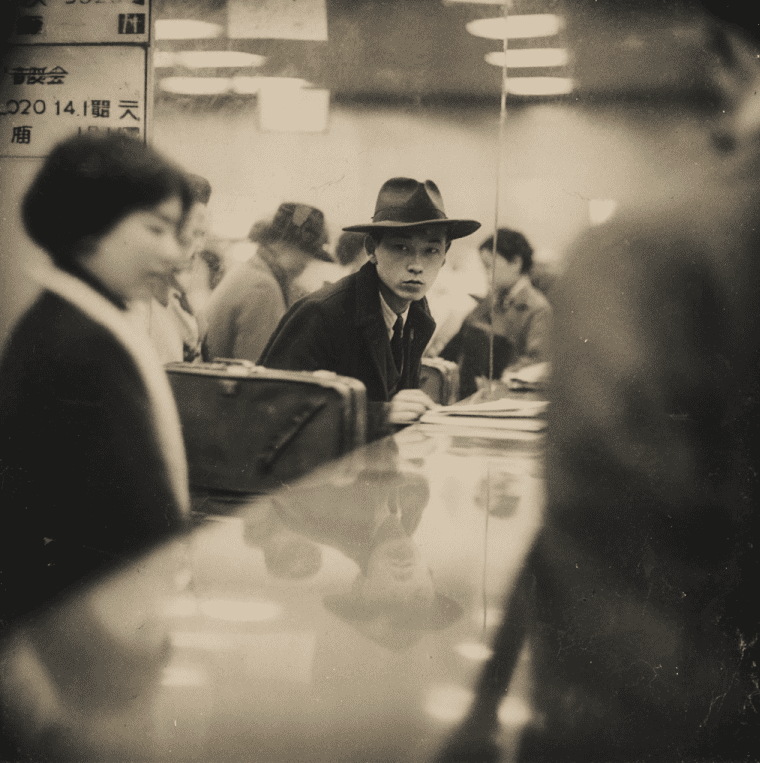 Mysterious traveler at a 1950s Tokyo immigration desk holding a passport from the nonexistent country of Taured.
