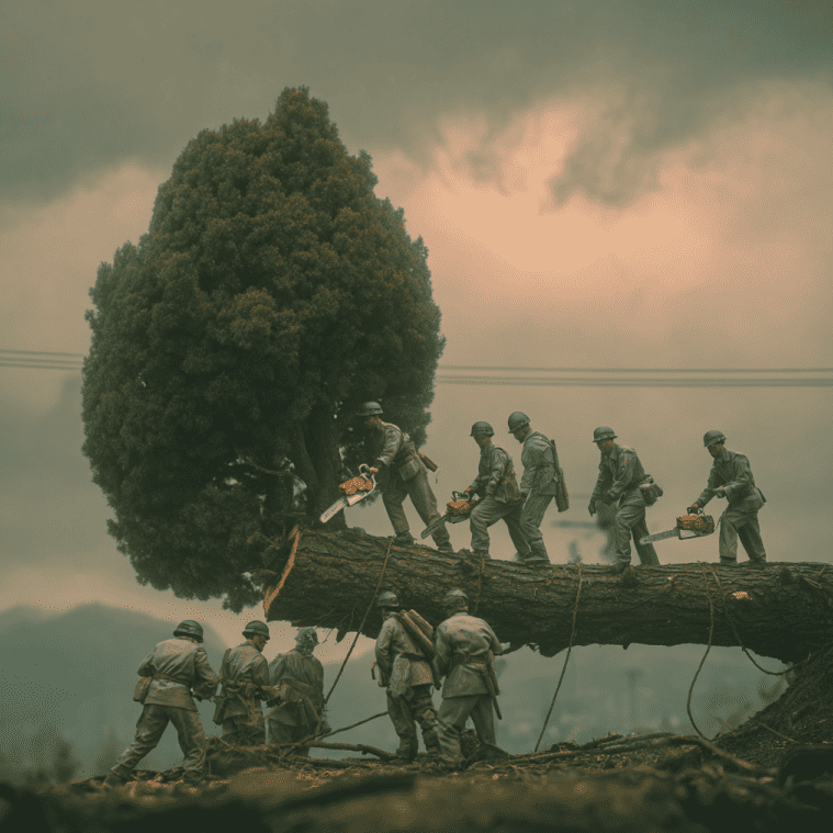 Soldiers and engineers cutting down a poplar tree in the DMZ during Operation Paul Bunyan,