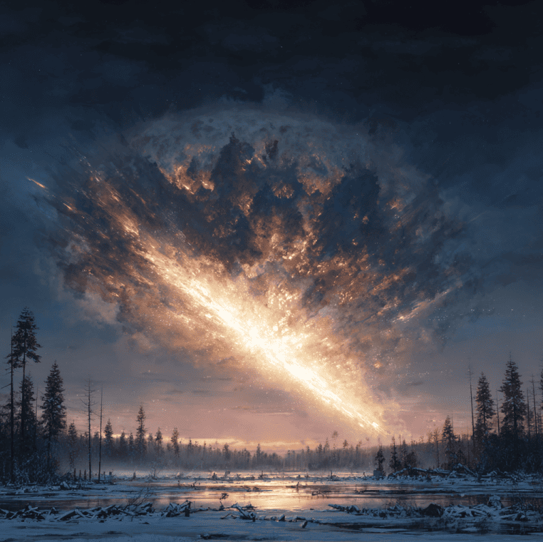 Depiction of the Tunguska airburst flattening the Siberian forest without leaving a crater.