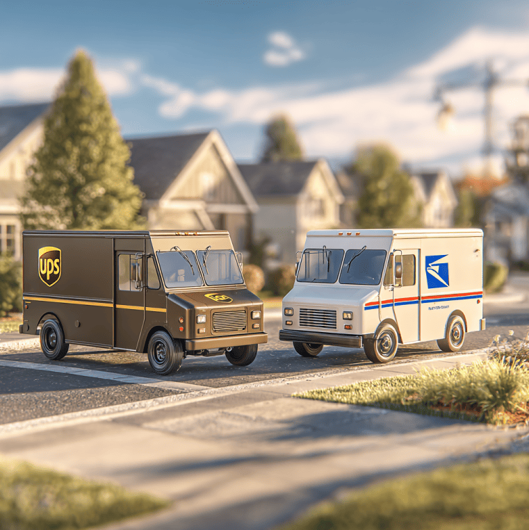 UPS and USPS delivery trucks crossing paths, representing the rivalry that shaped modern shipping logistics.