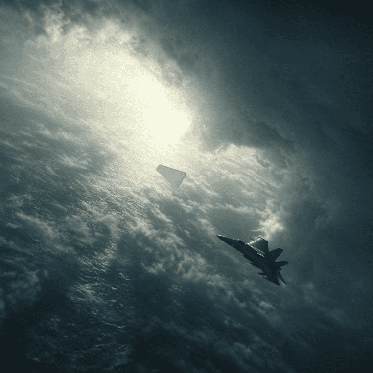 Illustration of the 2004 USS Nimitz Tic Tac UFO encounter between Navy pilots and a fast-moving unidentified object.