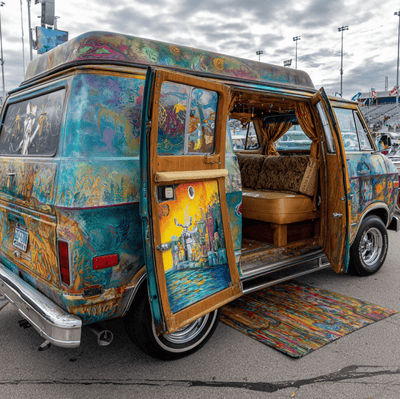 A brightly painted 1970s custom van with porthole windows and vintage styling, representing the era’s van craze.