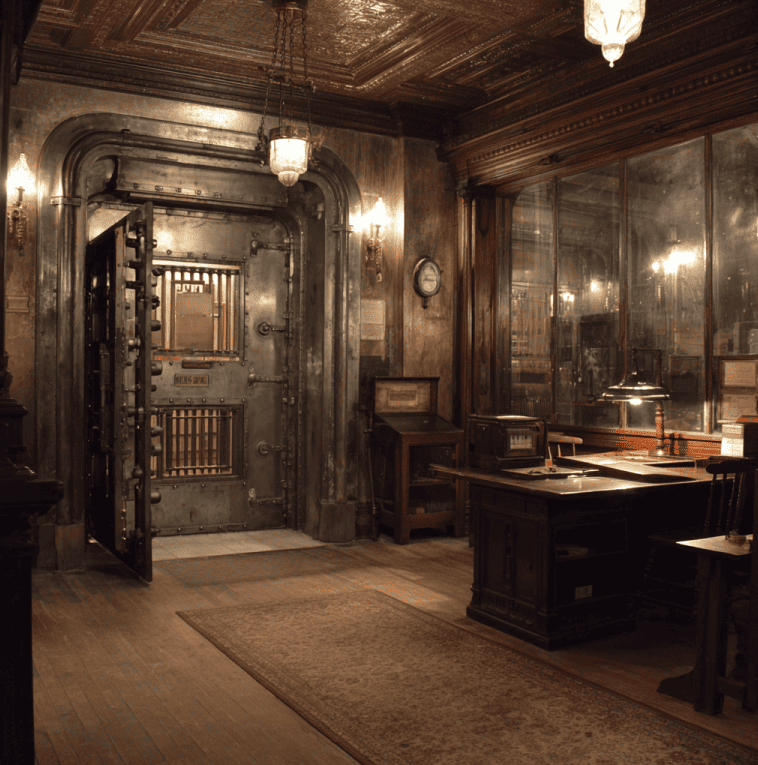 Historic Deadwood bank with a steel vault door and barred inner window used for the password-only entry system