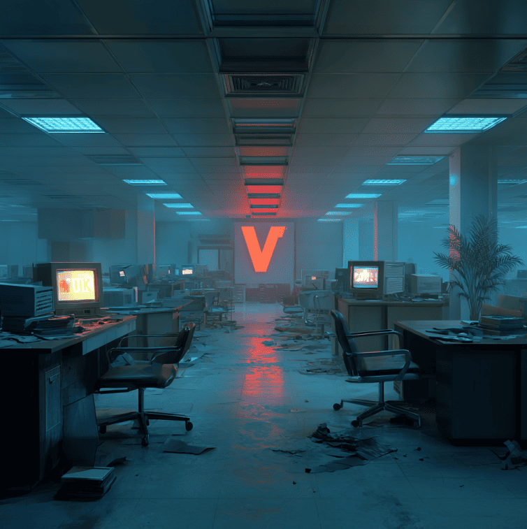 Empty digital newsroom with a faded Vice logo glowing on a screen, symbolizing Vice Media’s collapse.