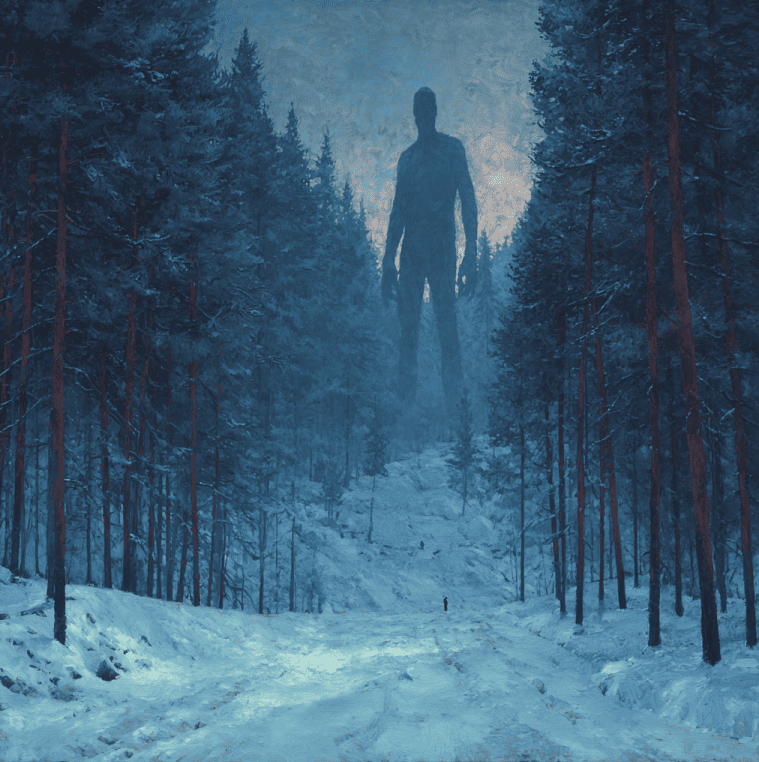 Atmospheric depiction of a Wendigo figure based on documented Cree and Ojibwe descriptions in a snowy northern forest.