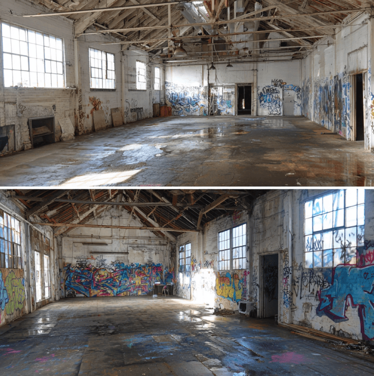 Old industrial warehouse with faint Rykoff signage, representing the disappearance of Rykoff Coffee.