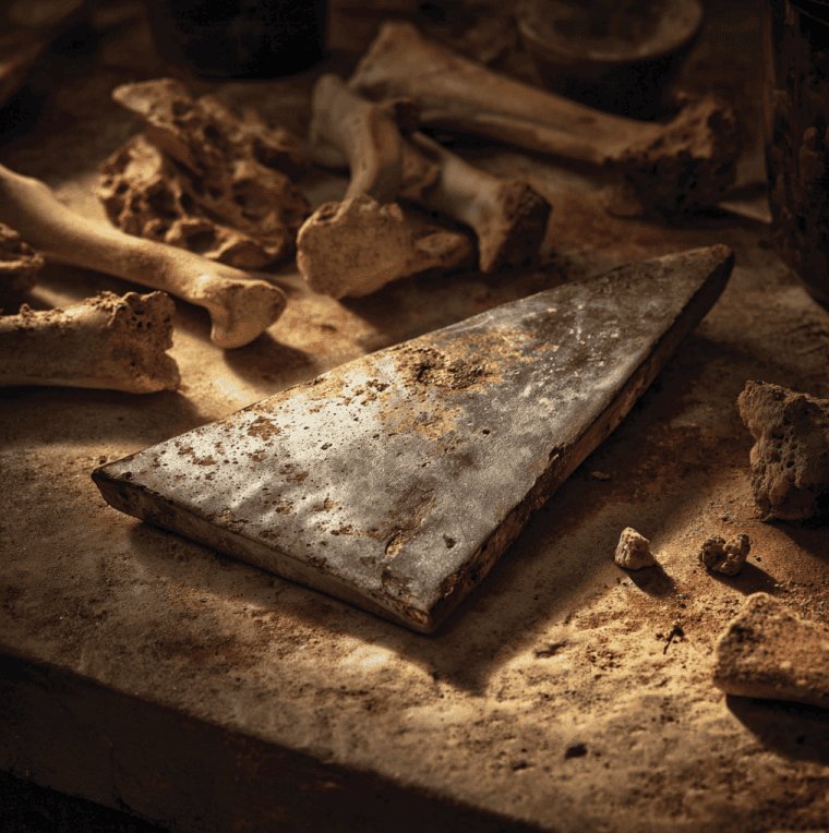 Weathered aluminum wedge displayed beside ancient bones, referencing the mysterious Aiud artifact.