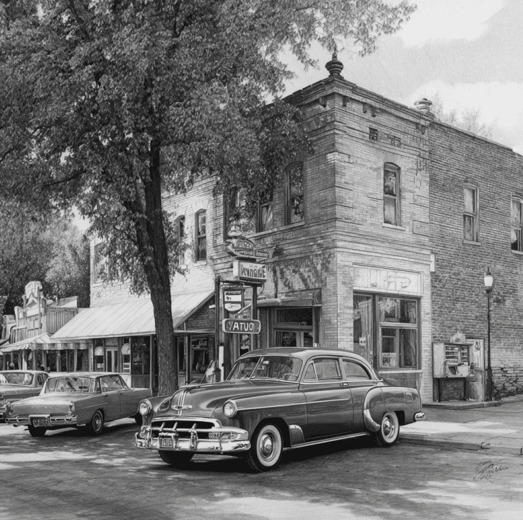 Vintage Western Auto store with red-and-yellow signage on a rural American main street, capturing the spirit of small-town retail dominance.