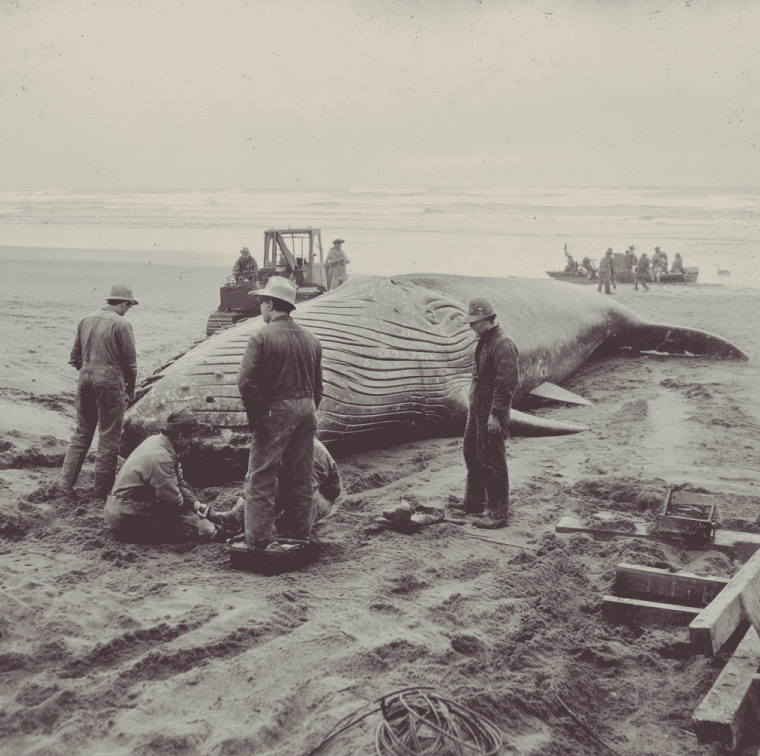 Depiction of the 1970 Oregon exploding whale incident with whale blubber raining down after detonation.