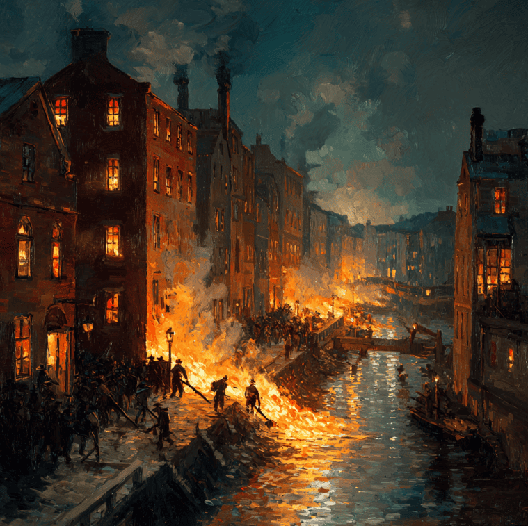 1875 Dublin street with a river of flaming whiskey and firefighters battling the blaze.