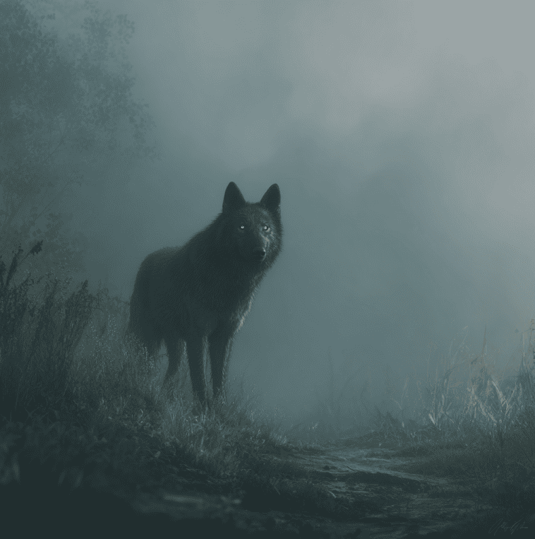 Illustration of the Lantern-Wolf with glowing eyes on a misty Appalachian trail, representing the guiding—and misleading—folk legend.