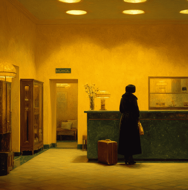 1970s-style European hotel lobby with a solitary woman in a fur hat, inspired by sightings of the Isdal Woman.