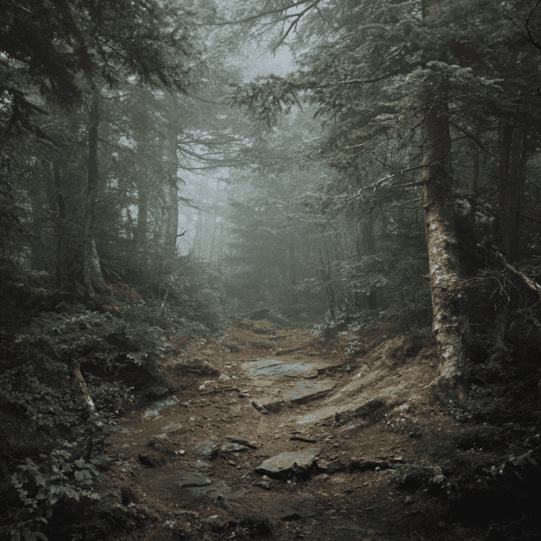Foggy forest landscape of Glastenbury Mountain, associated with the unexplained Bennington Triangle disappearances