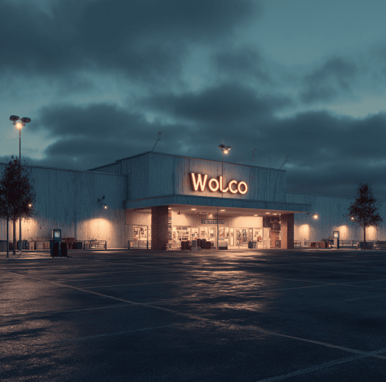 Vintage Woolco retail store exterior from the 1970s with classic signage and large parking lot.