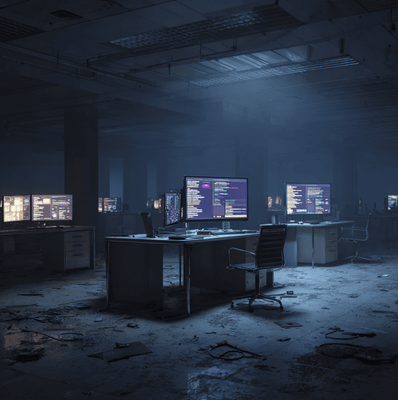 An empty workspace with AI chatbot interfaces left on screens, representing the collapse of Yellow.ai’s U.S. operations.
