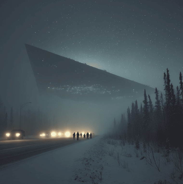 Illustration of the 1996 Yukon UFO sighting, showing a huge craft drifting over a snowy highway.