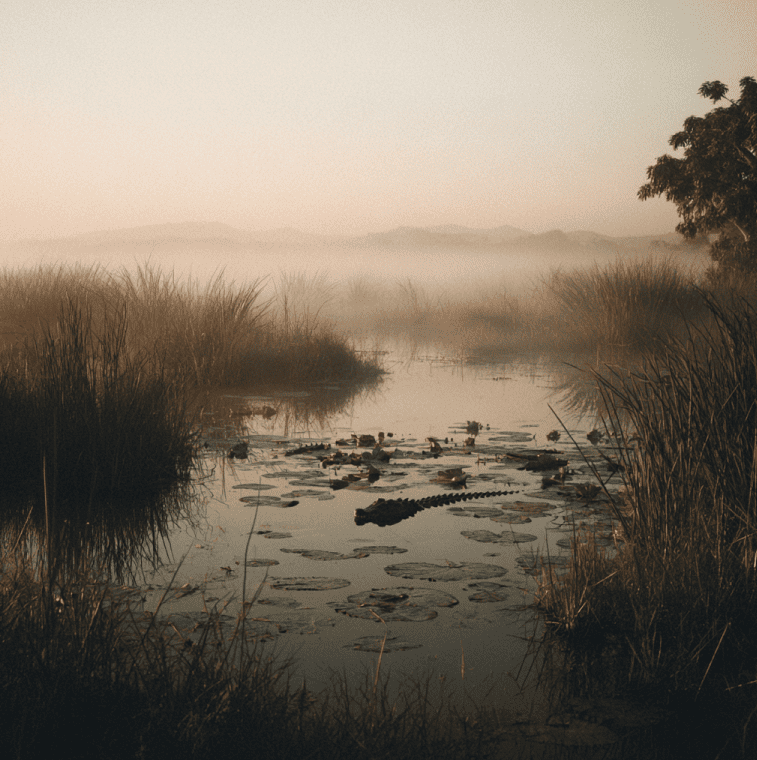 Shadowy aquatic creature surfacing in a misty Zambian swamp, inspired by Chipekwe lake monster reports.