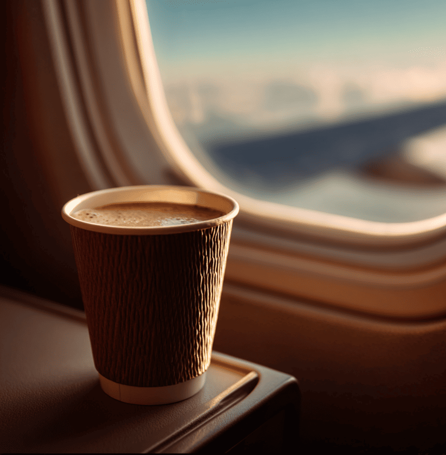 Airline coffee served in-flight at cruising altitude illustrating how aviation conditions affect coffee flavor.
