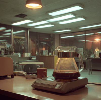 office coffee pot in a workplace break room representing how coffee shaped American productivity and work culture